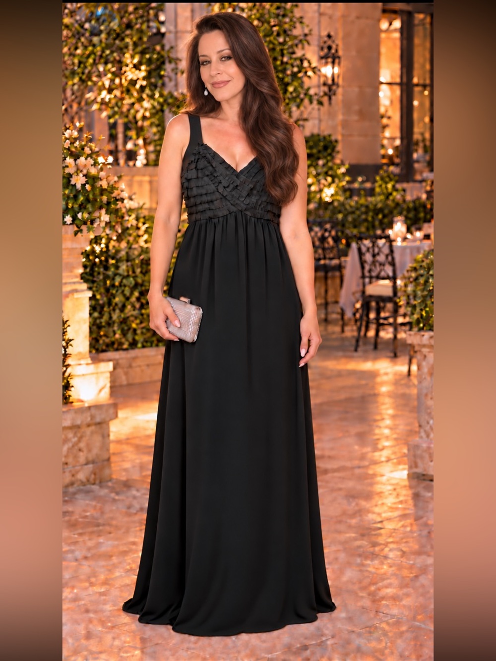 NWOT Signature by Robbie Bee Black Ruffle Empire Waist Maxi Gown 14